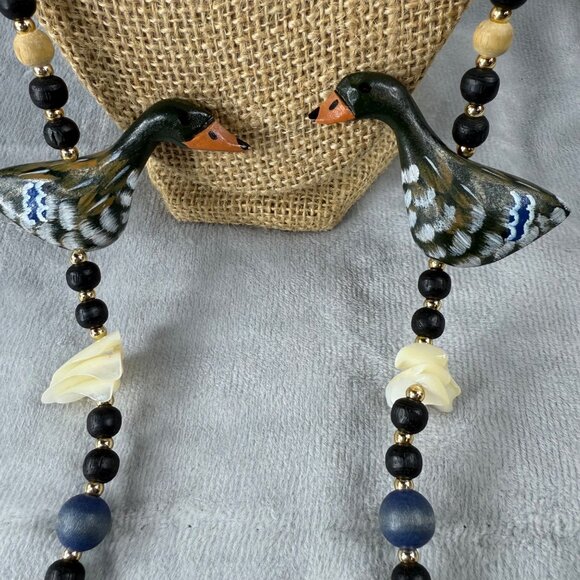 Wood Duck Geese Statement Necklace Beaded Shell Accents Hand Painted Vintage - Picture 7 of 16